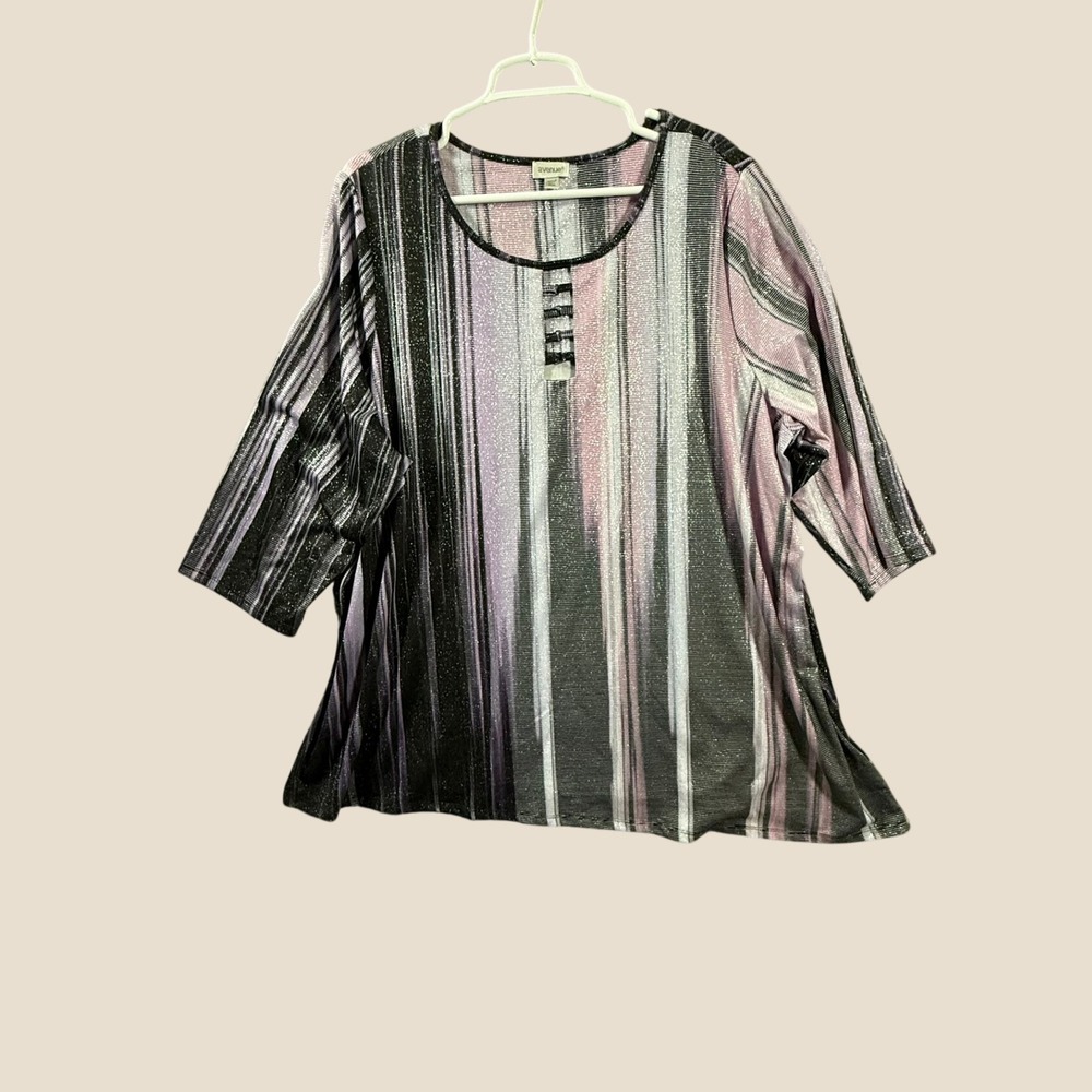 Avenue Womens Plus Size 26/28 Purple Metallic Stripe Cutout Neck Blouse Top